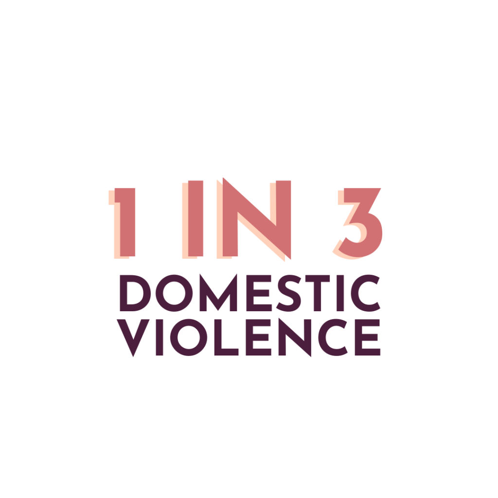 1 in 3 written in light pink with Domestic Violence in deep purple.